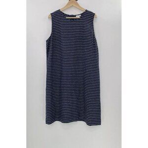 J.Jill Love Linen Navy Blue White Striped 100% Linen Shift Dress Sz L Coastal